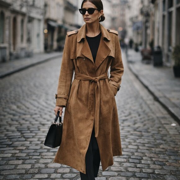 Few Moda Jackets & Blazers - FEW MODA New York Camel Faux Suede Tie Waist Longline Trench Coat | Size M NWOT